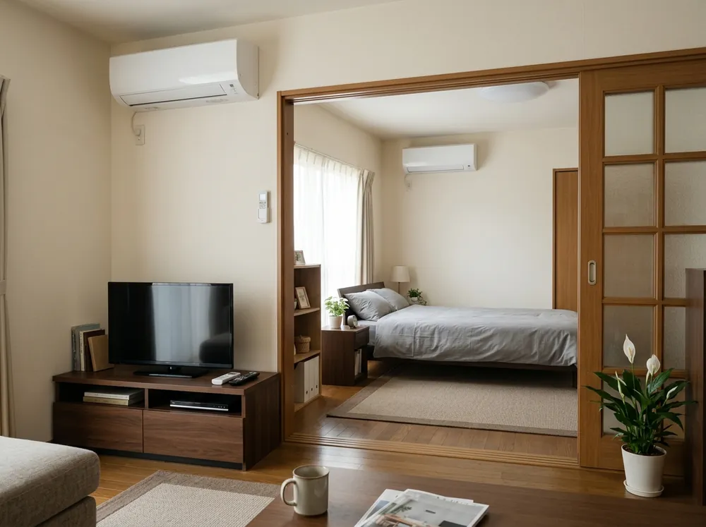 リビングと寝室の2部屋に、白い壁掛けエアコンがそれぞれ1台ずつ付いている住まいの様子