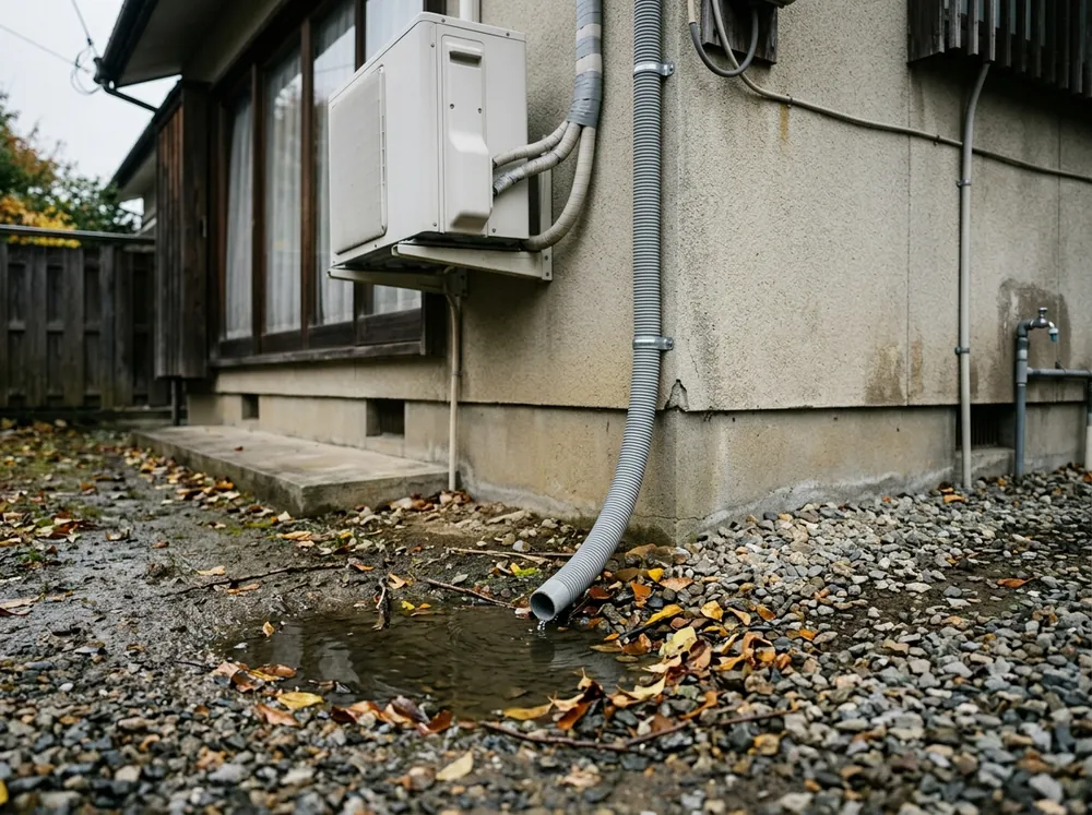 家の外壁に沿って下りたドレンホースの先が、地面の水たまりに浸かっている様子