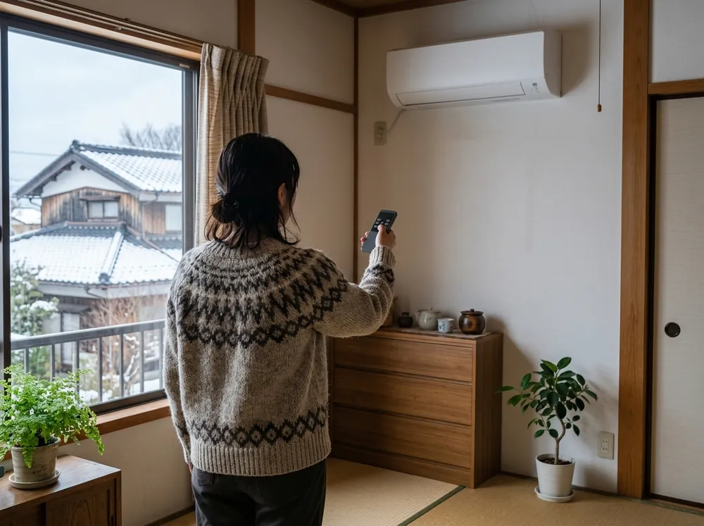 冬の窓辺で、壁掛けエアコンに向けてリモコンを持つ人の後ろ姿