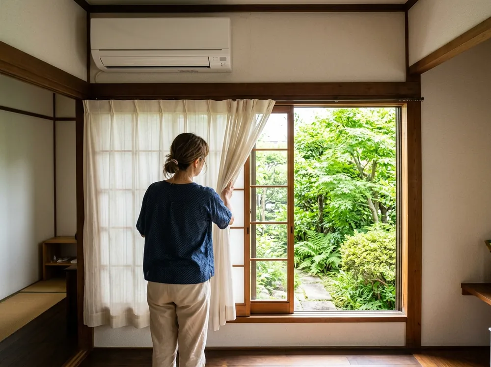 夏の部屋で窓を開け、壁掛けエアコンの冷房をつけたまま換気している人の後ろ姿