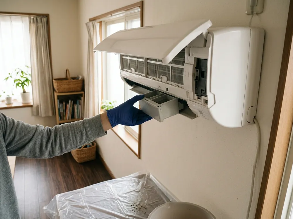 前面パネルを開けたお掃除機能付きエアコンから、手袋をした手でダストボックスを引き出している様子