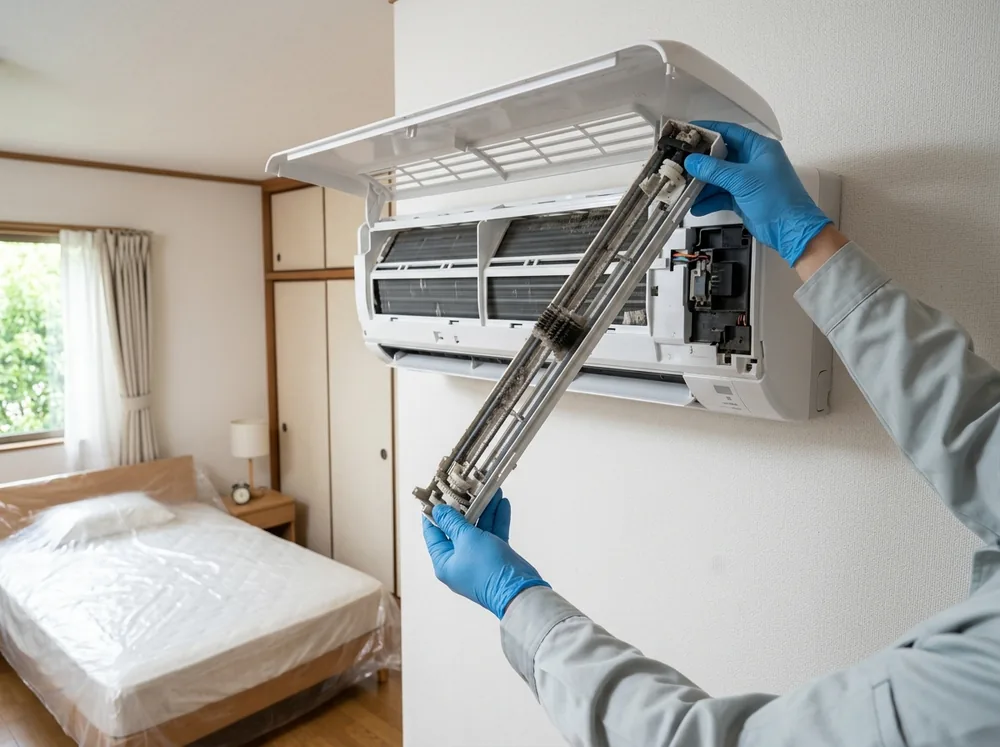 お掃除機能付きエアコンの前面パネルを開け、手袋をした手でフィルター掃除ユニットを引き出している様子