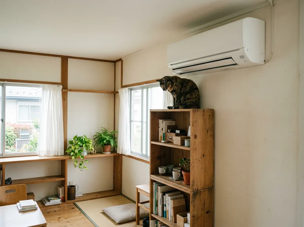 壁掛けエアコンの近くの棚の上に座り、部屋を見下ろしている猫