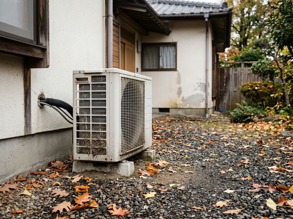戸建ての脇の砂利の上に置かれた室外機のまわりに、落ち葉と細かな砂ぼこりがたまっている様子