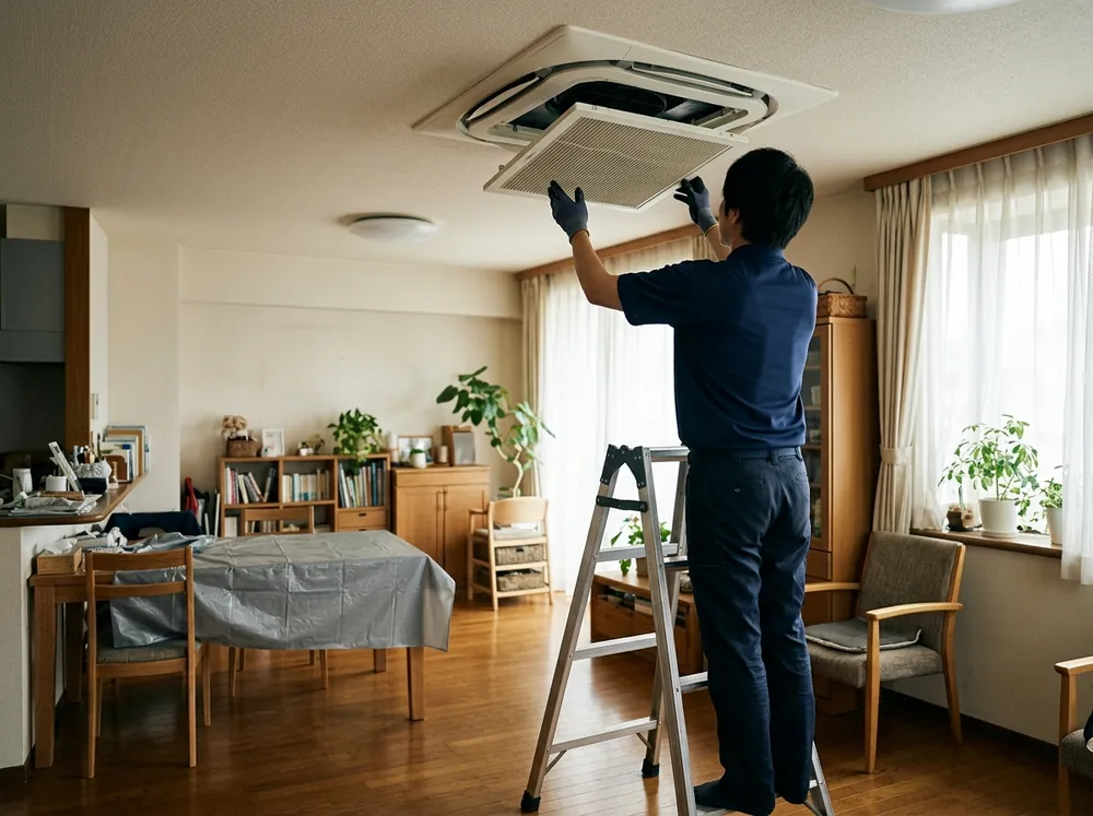 リビングの天井に埋め込まれた白いカセット形エアコンの吸込グリルを、脚立の上の作業者が両手で下ろしている様子