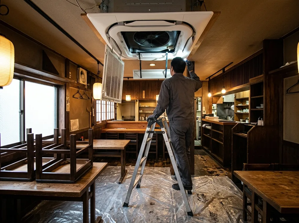 営業前の飲食店で、天井埋込エアコンのパネルを下ろし、脚立の上から内部を照らして確かめている様子
